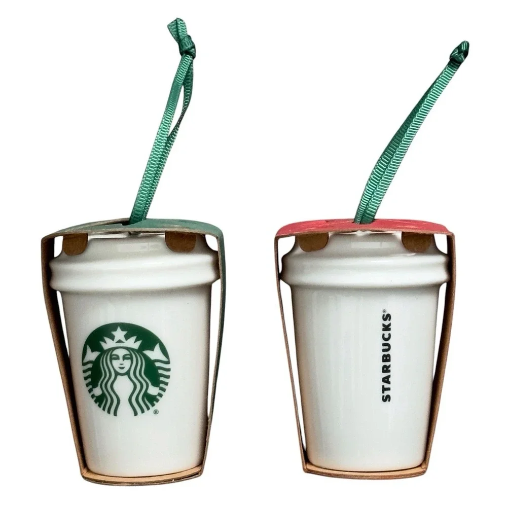 Starbucks Boy w Balloon & White Cup‎ Ornament Lot of 2